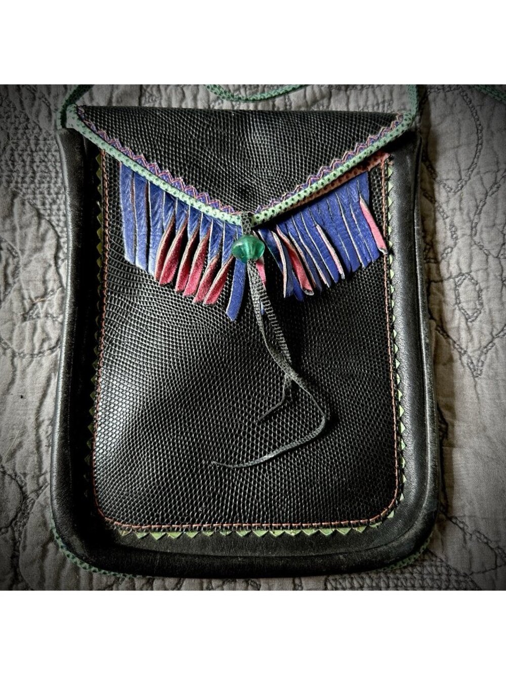 Vintage Artisan Southwestern Leather Reptile Texture Fringe Boho Crossbody Bag